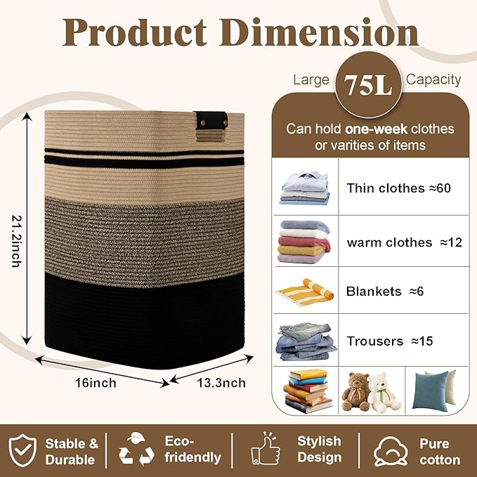 Laundry Hamper, 75L Tall Laundry Basket with Leather Handles, Rectangle Large Clothes Hamper for Organizing, Cotton Woven Laundry Baskets Storage Hampers for Bedroom, Nursery, Living Room