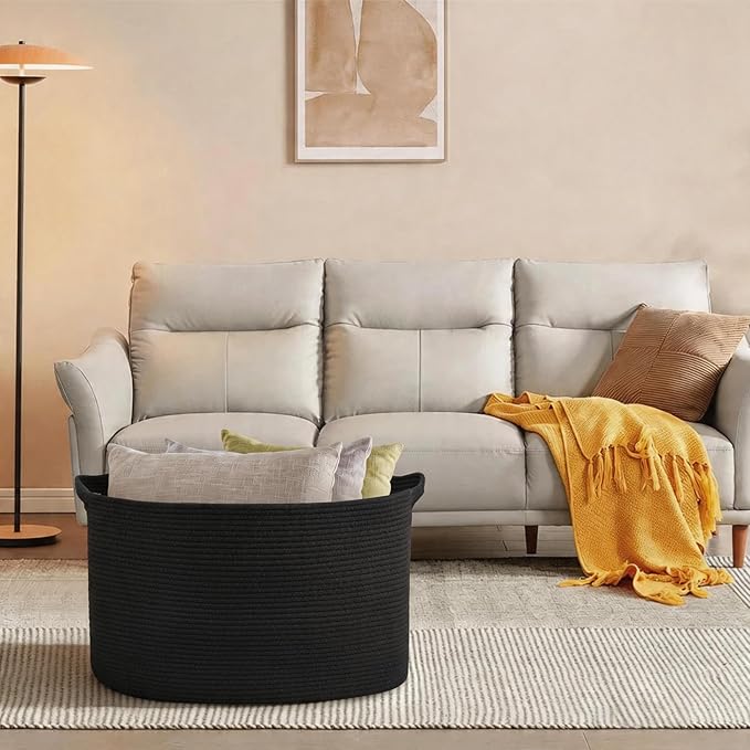 MEGASKET Extra Large Basket for Blankets, 23.6" x 17" x 12" Black Blanket Storage for Living Room, Big Cotton Rope Pillow Holder, Rectangle Kid Dog Toy Bin Box, Woven Laundry Basket, Shoe Bin Entryway