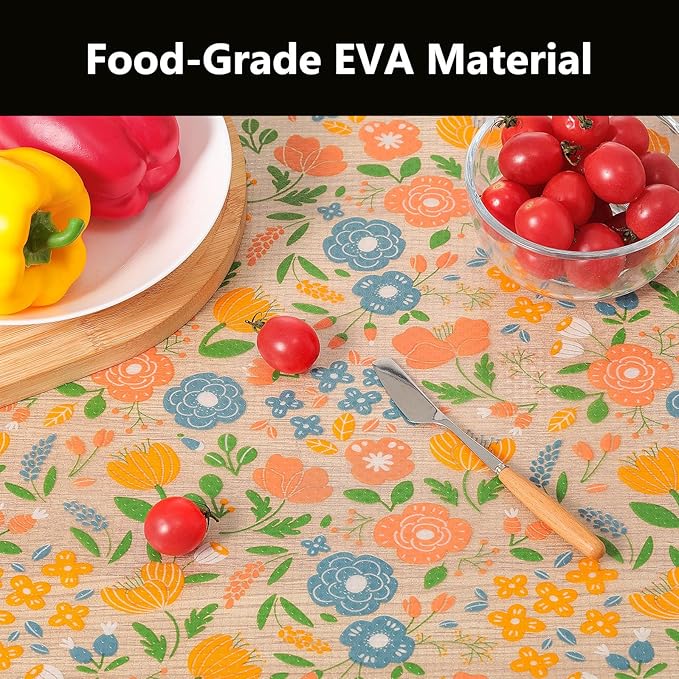 INNOLITES Shelf Liner for Kitchen Cabinets, Non-Adhesive Drawer Liner, Waterproof Washable EVA Floral Pattern, Protect Dresser Cupboard Refrigerator Shelves (Blue Orange Pink, 17.5" x 360")