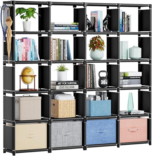 Mavivegue Book Shelf, 20 Cube Storage Organizer, DIY Bookcase, Metal Cube Bookshelf,Tall Book case for Bedroom, Living Room,Office,Closet Storage Organizer, Black Cubicle Storage Rack