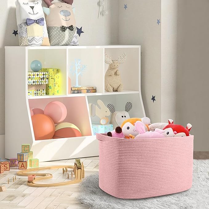 MEGASKET Extra Large Pink Storage Basket, 23.6" x 17" x 12" Rectangle Blanket Basket Living Room, Woven Cotton Rope Basket, Toy Basket Bins, Pink Baskets for Decor, Wicker Baby Laundry Basket