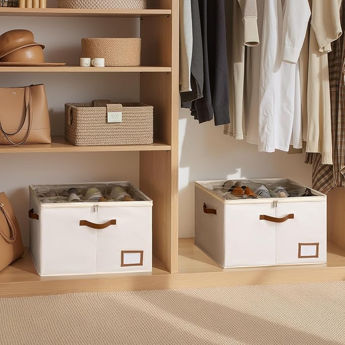 StorageWorks Shoe Organizer for Closet, 2 Pack Shoe Storage Boxes with Clear Lid, Stackable Shoe Storage Organizer for Sandals and Slippers, Fabric Shoe Organizer Bins, Holds 16–32 Pairs, Beige
