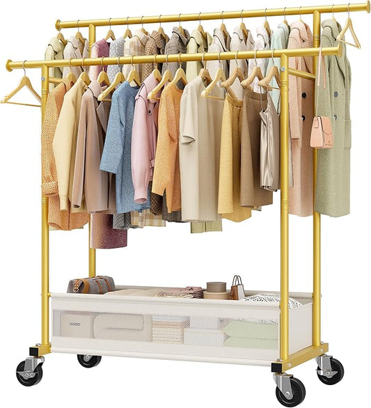 Clothes Rack, Double Rods Clothing Rack, Clothing Racks for Hanging Clothes, Rolling Clothes Rack with Storage Basket & Heavy Duty Wheels, Garment Rack for Bedroom, Laundry Room, Gold