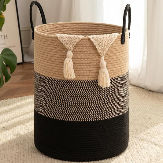 OIAHOMY Large Laundry Basket Hamper - 100L Cotton Rope Woven Basket for Blankets, Toys, Clothes - Tall Decorative Nursery Hamper with Long Handles, Yellow/Black