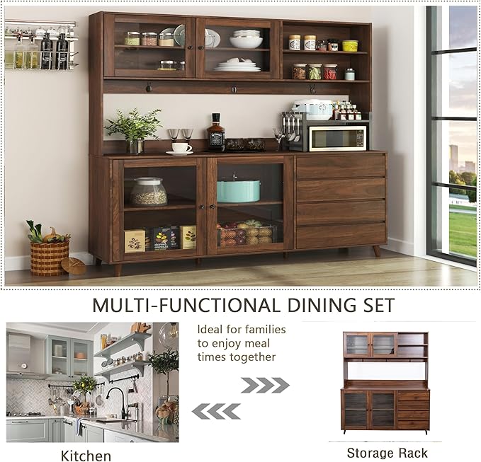 Farmhouse Kitchen Pantry Cabinet, 74.8" Tall Freestanding Cupboard with Multi-Tier Storage Rack and Microwave Stand for Kitchen, Dining Room, Walnut