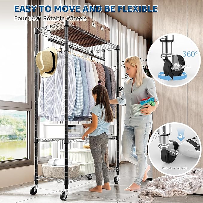 M MZG Heavy Duty Rolling Garment Rack 3 Tiers Adjustable Wire Shelving Clothes Rack with Rods and Side Hooks,Storage Closet Clothing Rack with Wheels Black 15.7" D x 29.5" W x 74.5" H