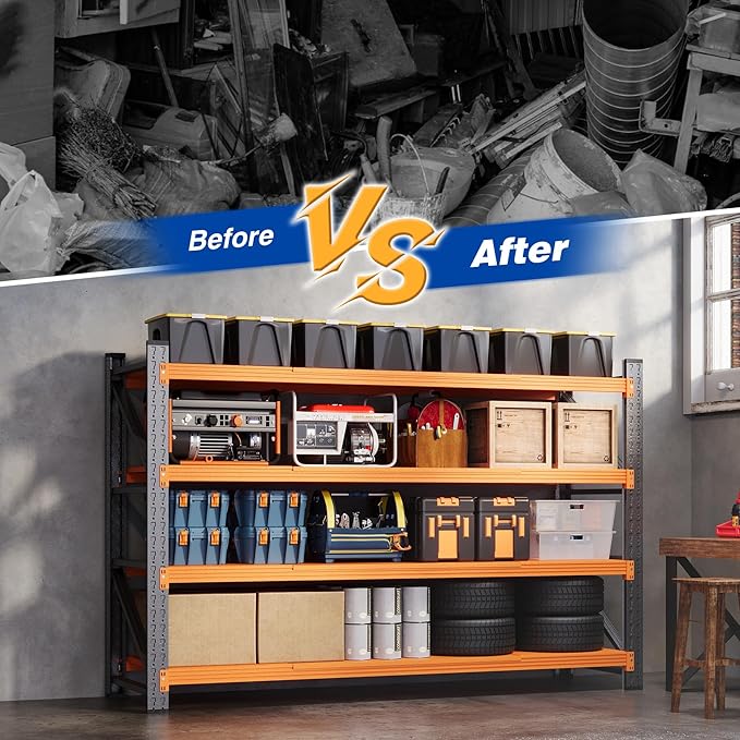 BYNSOE 71" W Storage Shelves 5000lbs Garage Metal Shelving Heavy Duty Garage Shelves Adjustable Storage Shelves for Industrial, Factory (Black-Orange, 71" W x 24" D x 69" H)
