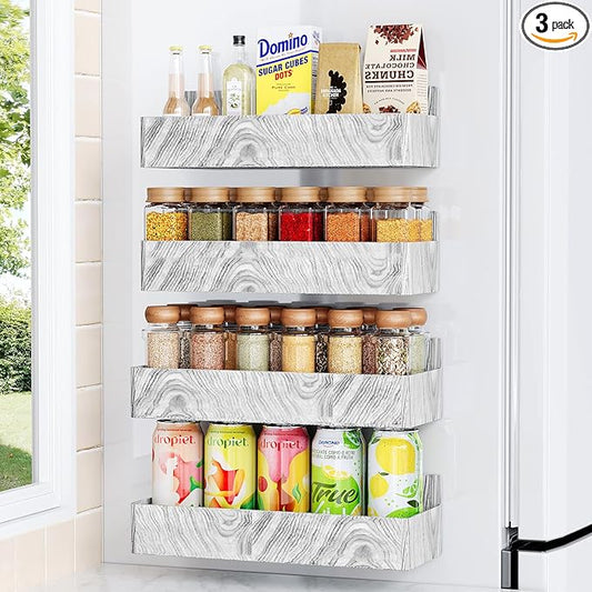 Mystozer Magnetic Spice Rack for Refrigerator, Kitchen Organizer and Storage Shelf, Wood White(4 Pack)