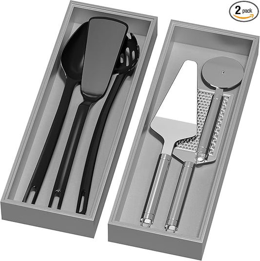 Lixple Bamboo Drawer Organizer, Extra Large Silverware Organizer for Kitchen Drawer, Stackable Utensil Organizer, 2 Pcs Toilet Tank Topper Tray, Wooden Toilet Paper Basket (Silver, 17 X 6 X 2 Inch)