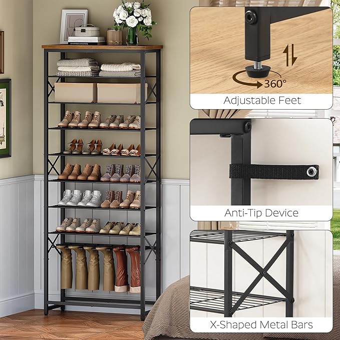 YATINEY Tall Shoe Rack for Entryway, Metal Shoe Storage Organizer with Boot Rack, 10 Tier Sturdy Shoe Rack for Closet, Space Saving Wooden Shoe Shelf, Black and Rustic Brown SS19BR