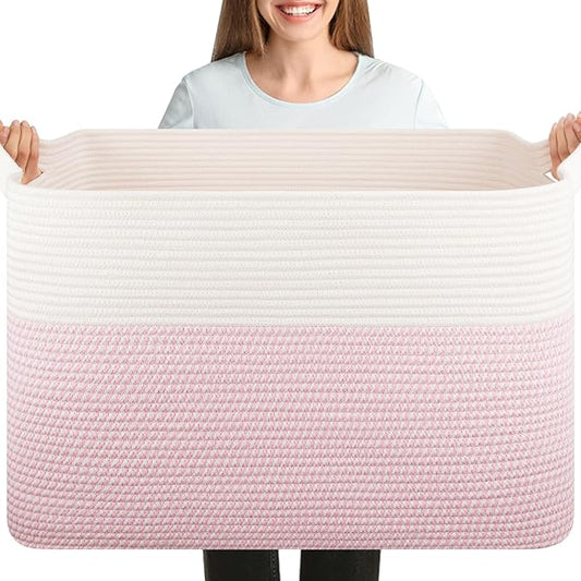 OIASKET XXXL Large Blanket Basket, 108L Cotton Rope Storage Basket for Living Room, Supre Large Toy Baskets for Kids, Woven Basket for Clothes, Towels, Pillows, 25" x 16" x 16", Pink and White