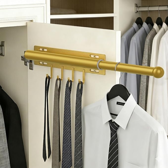 Valet Rod for Closet Retractable with 4 Hooks, 13.4"-23.2" Pull Out Clothes Hanger Rail, Heavy Duty Alloy Steel Side Mount Wardrobe Bar, Adjustable Organizer for Laundry, Bathroom, Entrance (Gold)