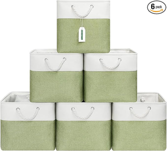 ECDYQXVU 13x13 Inch Cube Storage Bins with Reinforced Bottom Cardboard, 6 Pack Large Foldable Fabric Storage Cubes with Handles for Shelf, Closet, Laundry Organization (White&Green)