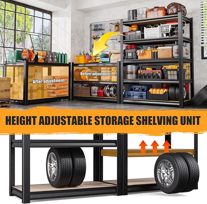 AOAORRG 35" H Garage Shelving Heavy Duty Storage Shelves, Metal Adjustable Shelving Unit, Utility Garage Organizer Shelf for Basement, Pantry, Kitchen, Warehouse, 15.7" Dx33.5 Wx35 H, Black