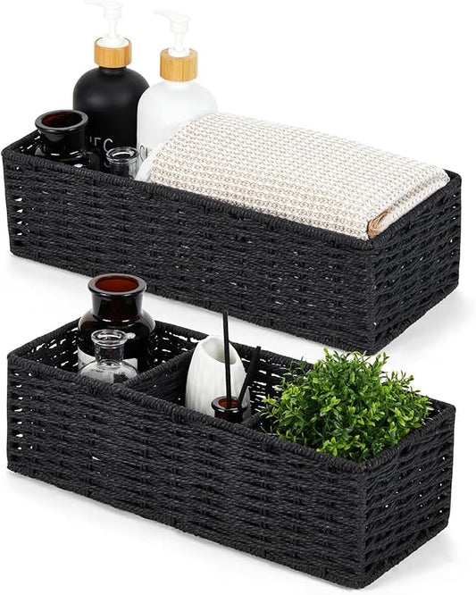 DULLEMELO Toilet Paper Basket for Organizing, Paper Rope Bathroom Baskets, Decorative Storage Bins for Countertop Bathroom Shelves, Set of 2,Black