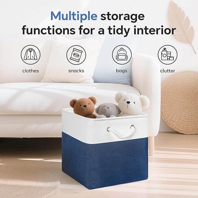 ECDYQXVU 13x13 Inch Cube Storage Bins with Reinforced Bottom Cardboard, 6 Pack Large Foldable Fabric Storage Cubes with Handles for Shelf, Closet, Laundry Organization (White&Navy Blue)
