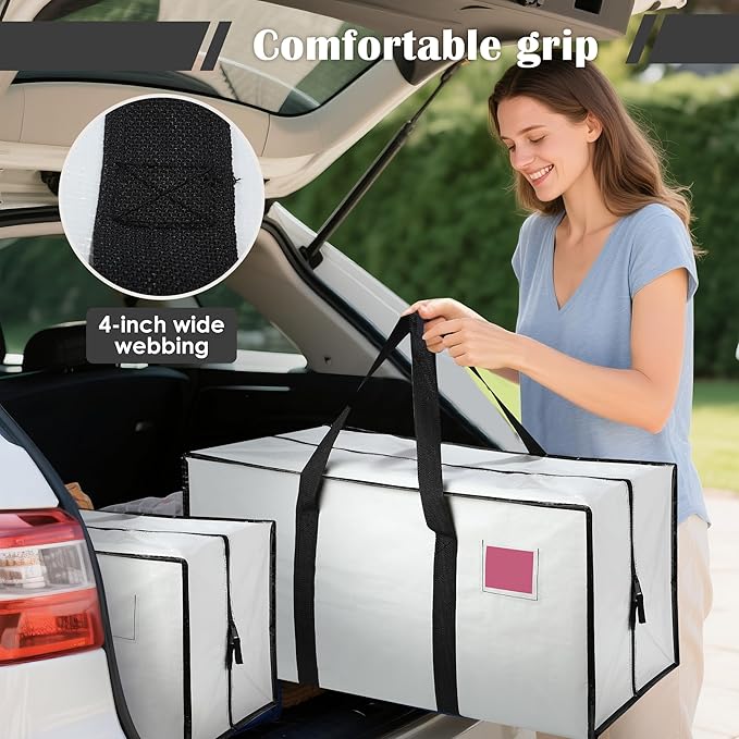 6 Pack Moving Bags with Full-Open Side Zipper, Extra Large 93L Heavy Duty Waterproof Foldable Storage Totes for College Dorm, Moving & Home Organization,White