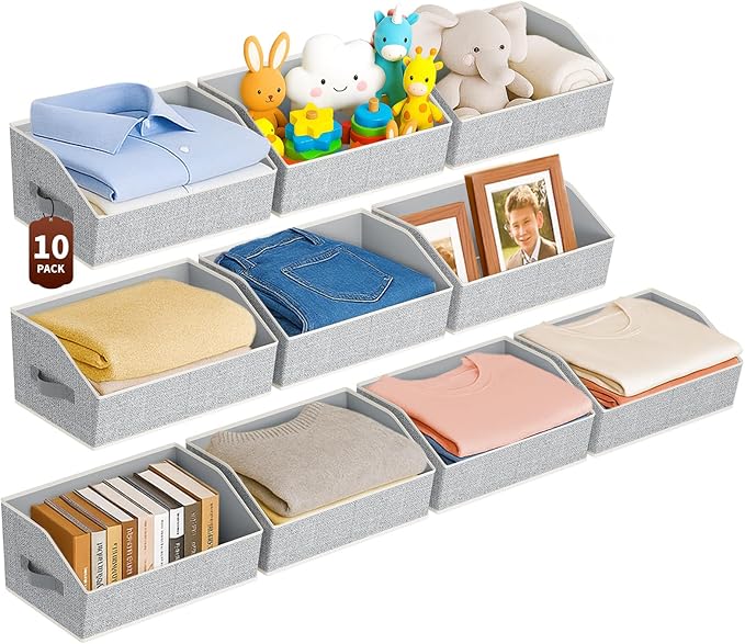 Homsorout Large Closet Organizers and Storage Bins - 10 Pack Trapezoid Storage Baskets for Shelves, Foldable Fabric Baskets with Handles Ideal for Closet, Basket, Wardrobe and Shelf Storage, Beige
