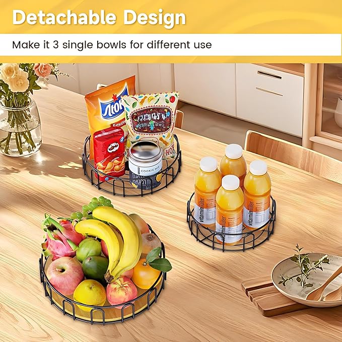PouHenier.jh 3 Tier Rotating Fruit Basket Bowl, Kitchen Counter Wire Produce Organizer Holder, Stable Vegetable Storage Stand with 2 Banana Hangers, Countertop Tiered Veggie Rack, Easy Setup, Black
