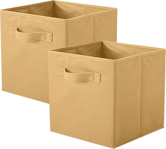 PowerKing Collapsible Storage Cubes with Handles, Fabric Foldable Bins for Closet Shelves, Durable Organization Storage Bins, 10.5'' x 11'' x 10.5'' (Khaki, 2Pack)