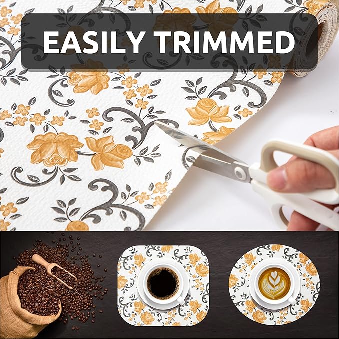 FIFTY FEET 18X96 Inch Shelf Liner for Kitchen Cabinets, PVC Drawer Liner for Dresser Non-Slip Bathroom, Non-Adhesive Cabinet Liner Washable (Yellow Floral)(3 Roll)