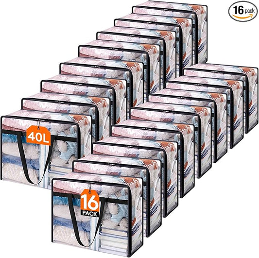 Lifewit 16 Pack Clear Clothes Storage Bags, 40L Plastic Blanket Storage Bag, Vinyl Foldable Moving Bags with Zipper, Closet Organizers and Storage Containers for Bedding, Duvet, Comforter