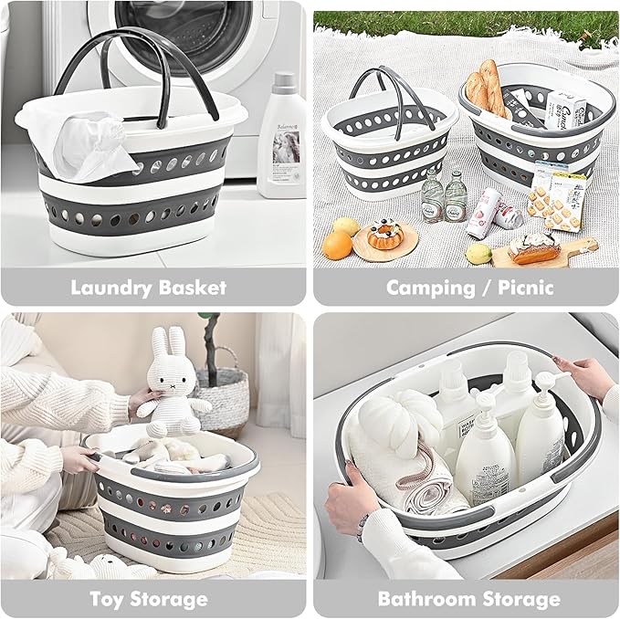 2 Packs Collapsible Laundry Baskets with Handles 7.4 Gallon Heavy Duty Laundry Basket Rectangle Pop Up Silicone Laundry Bucket Small Portable Storage Organizer Collapse Basket Small Room Organization