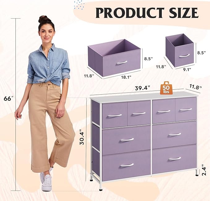 WLIVE Dresser for Bedroom with 8 Drawers, Wide Fabric Dresser for Storage and Organization, Bedroom Dressers, Chest of Drawers for Living Room, Closet, Hallway, Purple