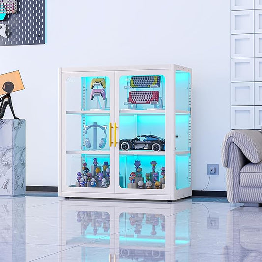 PAOFIN 34" Display Cabinet with Glass Doors, Curio Cabinet with Many Color Lights for Collectibles, Glass Display Case, Bookcase with 2 Shelves, Storage Cabinets, Assembly Required White