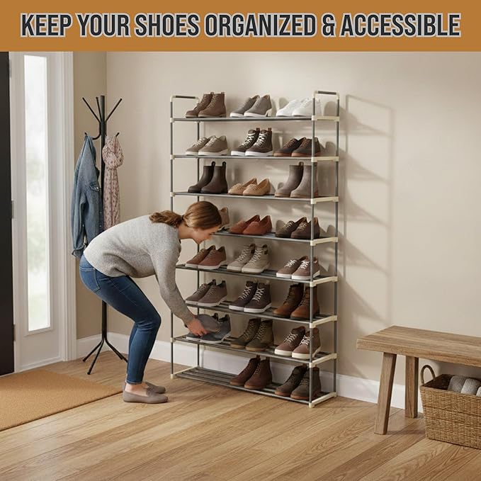 Home-Complete Shoe Rack - 8-Tier Shoe Organizer for Closet, Bathroom, Entryway - Shelf Holds 40 Pairs Sneakers, Heels, Boots (Gray)