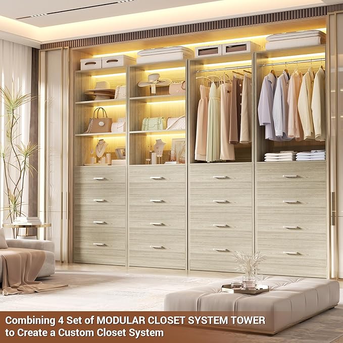 Aheaplus Closet Drawers Organizer System, 3.54FT Wood Closet System with 4 Drawers, Modular Walk-in Closets Storage Unit, Tall Bookshelf Storage Cabinet, White Oak (2 Packs)