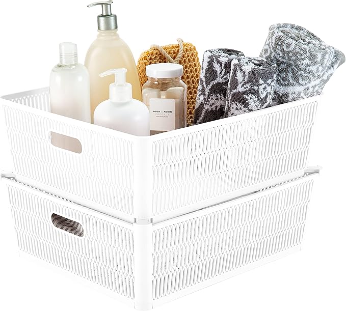 Simplify 4Pk Shallow Slide 2 Stack It Tote Basket | Storage & Organization | Open Bins with Stackable Capability | Bathroom | Crafts | Pantry | Playroom | Office | White