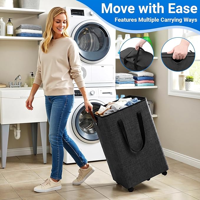 Laundry Basket with 5 Wheels, Tall Dirty Laundry Hamper, Rolling Laundry Basket with Lid, Collapsible Clothes Hamper for Bathroom Bedroom Dorm Laundry Room, Dark Gray, 75L