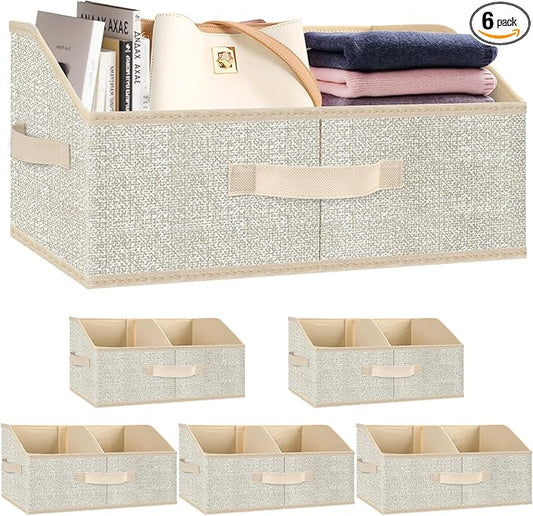 Closet Storage Bins 6 Pack, Large Closet Organizer Baskets with Divider & Handles,Trapezoid Fabric Shelf Organizers, Collapsible Storage Cubes for Clothes, Towels, Toys - Beige
