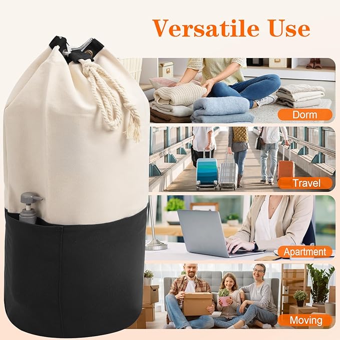 NAHADS Black single-shoulder backpack-style laundry bag made of durable canvas material with a drawstring closure design, suitable for use at university, camping, laundromats, and apartments.