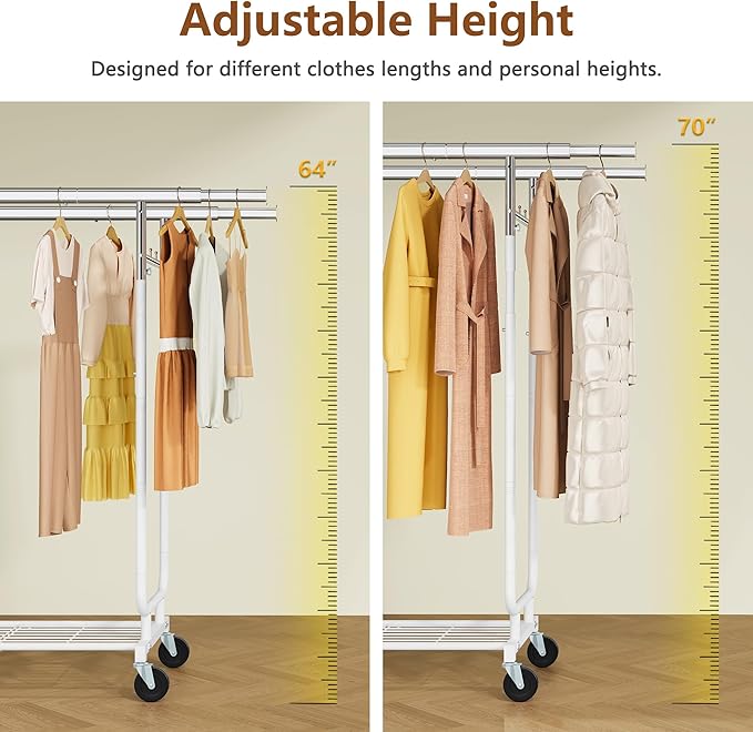 Heavy Duty Rolling Clothes Rack, 620 LBS Load Double Rod Adjustable Garment Rack with Storage Shelves & Lockable Wheels, Portable Clothing Rack for Hanging Clothes for Bedroom, Laundry Living Room