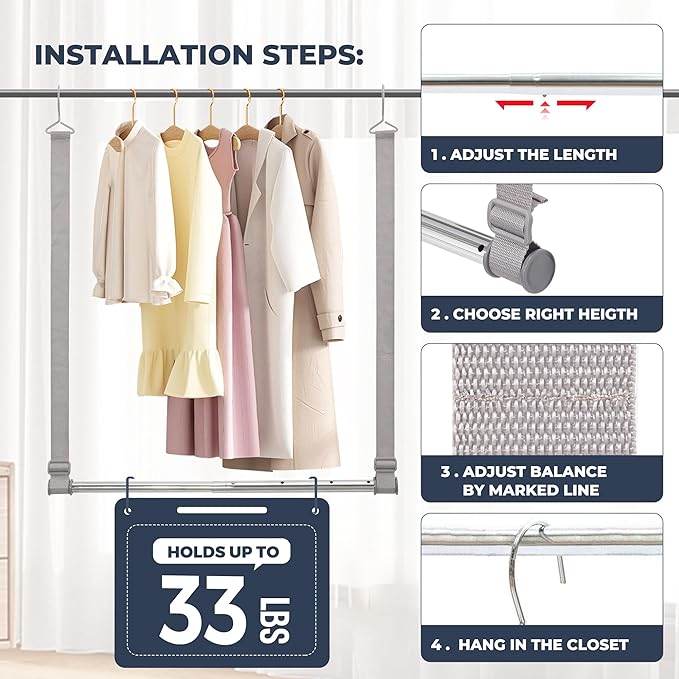 STO STO Closet Hanging Rod, Length and Height Adjustable Closet Rod, Space-saving Closet Extender Hanging Bar for Hanging Clothes, Webbing, 1 Pack