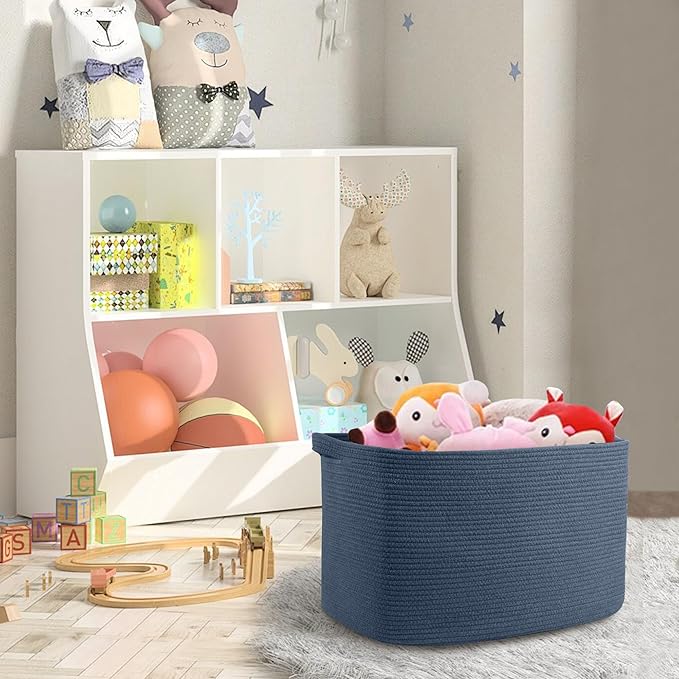 MEGASKET Extra Large Rectangle Storage Basket, 23.6" x 17" x 12" Dark Blue Blanket Storage for Living Room, Large Woven Cotton Rope Storage Box, Soft Kids Toy Basket Organizer Bin, Big Wicker Basket