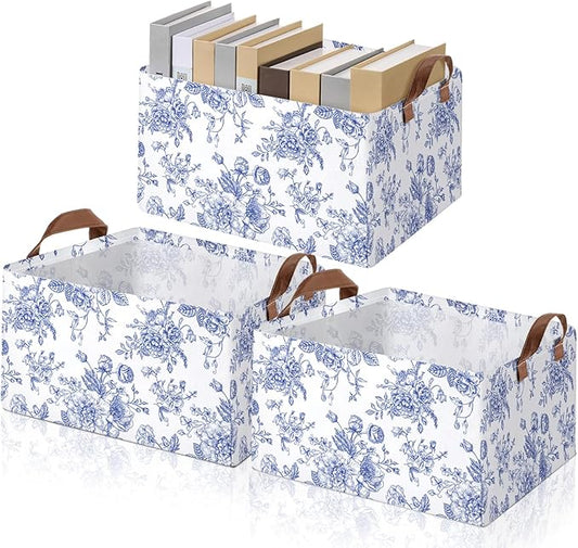 Boao 3 Pcs Blue Floral Storage Bin Wildflowers Collapsible Large Storage Baskets for Gifts Canvas Laundry Basket Foldable Box with Handle for Office Home Bedroom Clothes
