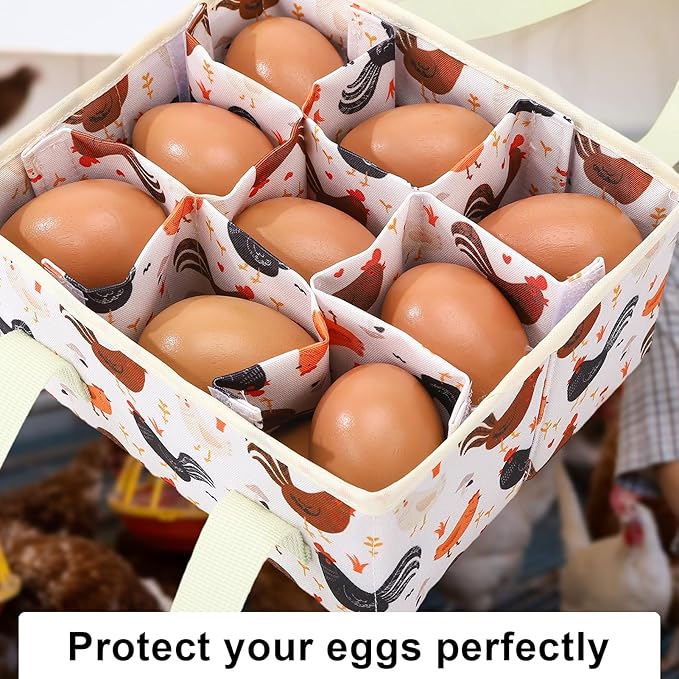 Removable Egg Collecting Basket, Egg Basket for Gathering Fresh Eggs with 9 Pouches, Foldable Canvas Egg Holder, Collector Egg for Chicken, Duck, Goose, Collection (Cartoon Chicken)