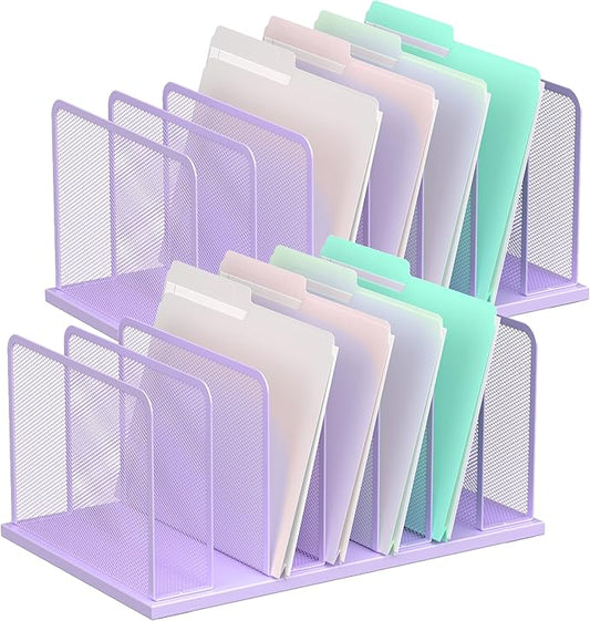 Kuntine.B Desk File Organizer Upright Mesh Desktop Organizer File Sorter Office Organization File Holder for Home, Office & Classroom (Purple, 2 Pack 7-Section)