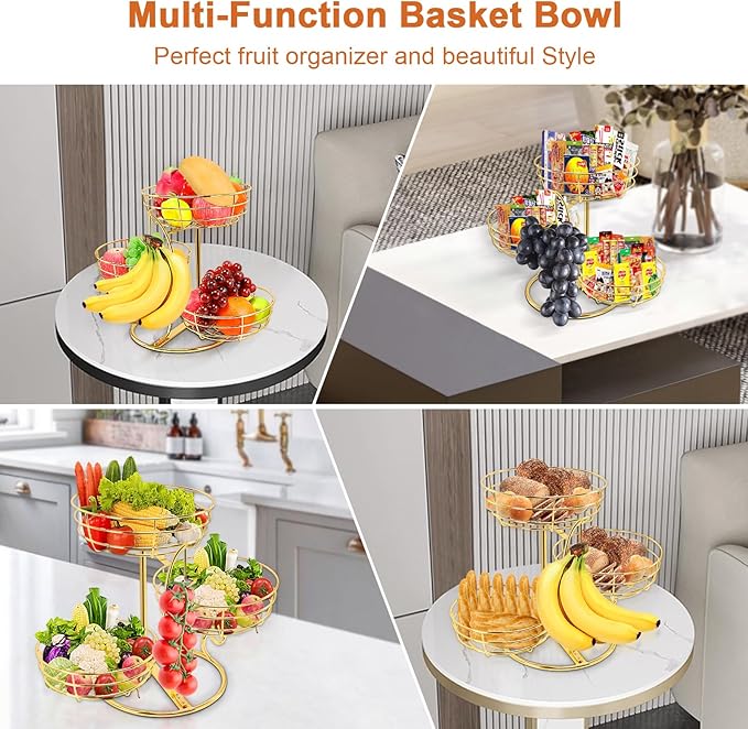 Livabber Fruit Basket Bowl with Banana Hanger, Fruit Vegetable Storage Basket with Banana Tree Holder for Kitchen Counter, Detachable Organizer for Bread Snack Produce (Gold, 3-Tier Metal Base)