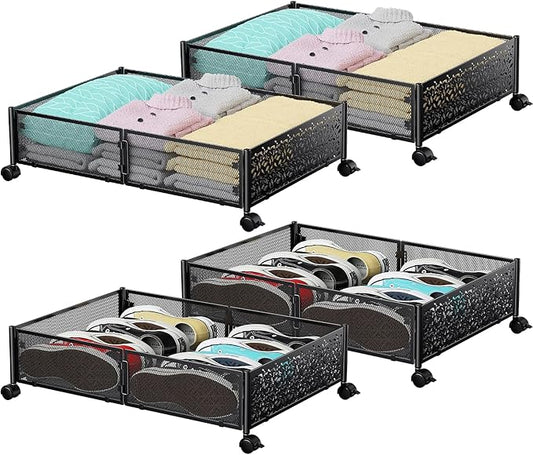 PHINOX Under Bed Storage, Under the Bed Storage Containers with Wheels, Under Bed Shoe Storage Organizer Drawer for Bedroom Clothes Shoes Blankets -4Pack