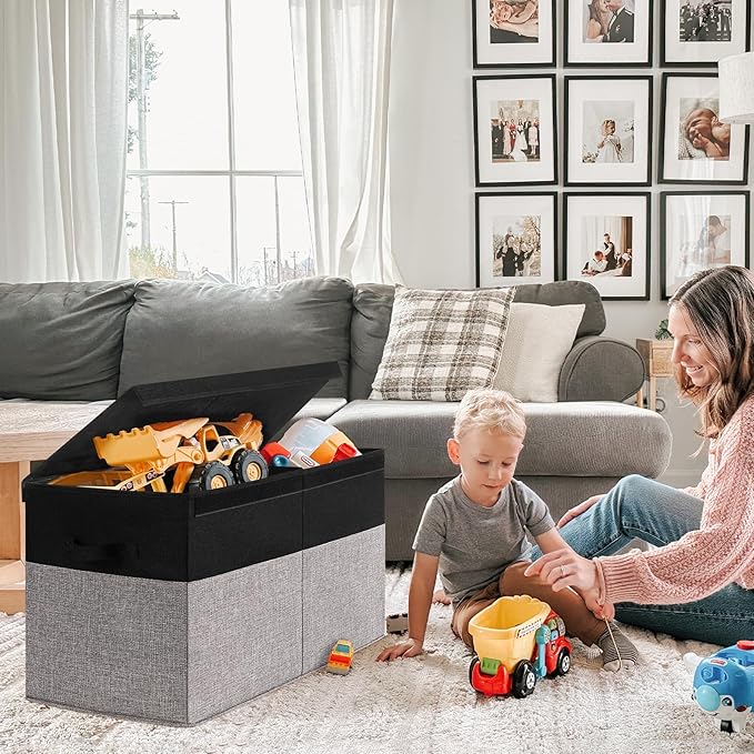 INDRESSME 25"x13"x16" Large Storage Box, Storage Organizer Collapsible Bins with Lids, Playroom, Living Room, Storage Baskets (Black & Grey)