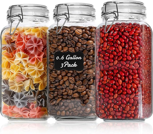 ComSaf 3-Pack 78oz Large Square Airtight Glass Jars for Bulk Food, Holds a 4lb Bag of Sugar or 5lb of Rice, Wide Mouth Canister for Flour, Coffee & Pantry Organization
