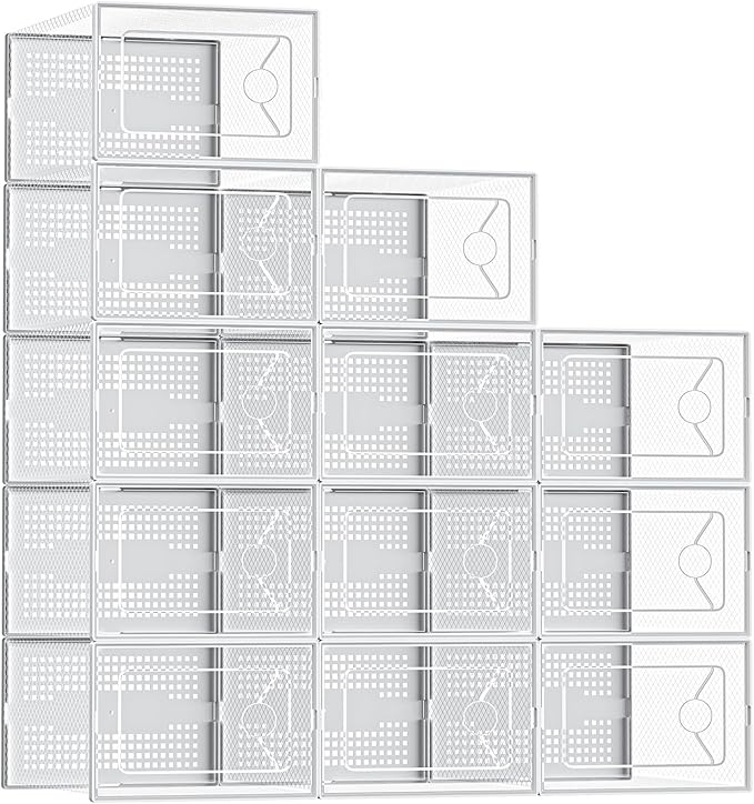 DUMOS Shoe Storage Boxes, 12-Pack Stackable Clear Shoe Containers with Lids, Display Sneaker Case Organizer for Closet, Under Bed, Entryway,White (Fit Size 11)