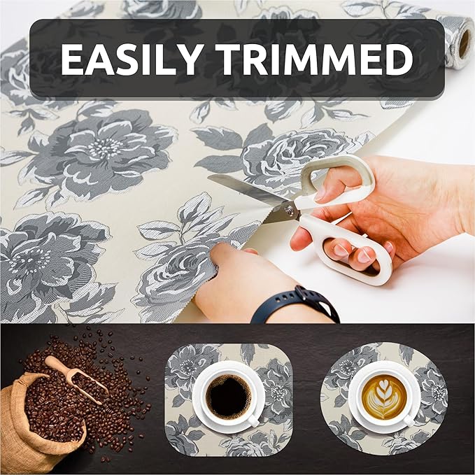 12X120 Inch Shelf Liner for Kitchen Cabinets, PVC Drawer Liner for Dresser Non-Slip Bathroom, Non-Adhesive Cabinet Liner Washable (Black Flower)(5 Roll)