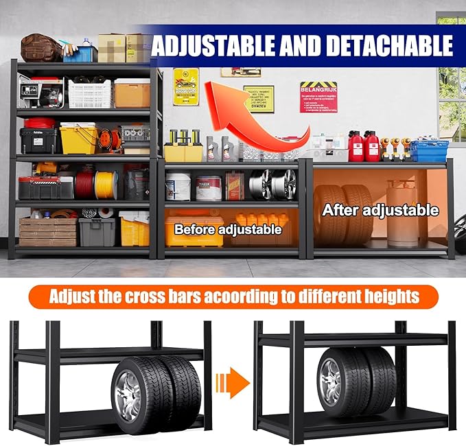 Set of 2 Garage Shelving Heavy Duty Storage Shelves, Metal Adjustable Shelving Unit, Utility Garage Organizer Shelf for Basement, Pantry, Kitchen, Warehouse, 20" D x 46" W x 71.2" H, Black