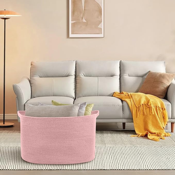 MEGASKET Extra Large Pink Storage Basket, 23.6" x 17" x 12" Rectangle Blanket Basket Living Room, Woven Cotton Rope Basket, Toy Basket Bins, Pink Baskets for Decor, Wicker Baby Laundry Basket