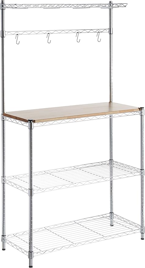 Amazon Basics 3 Tier Sturdy Baker's Rack with Kitchen Storage, Storage Shelf, Utility Storage, Removable Top, Hanging Bar, 14" x 35.83" x 63.31", Wood/Chrome